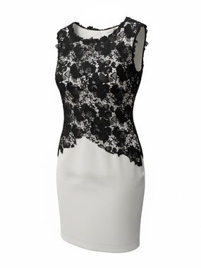 Elie Tahari Sleeveless Black Lace Overlay White Sheath Dress